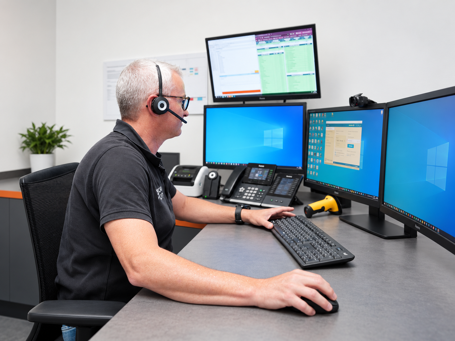 Technicien avec casque devant plusieurs écrans de maintenance