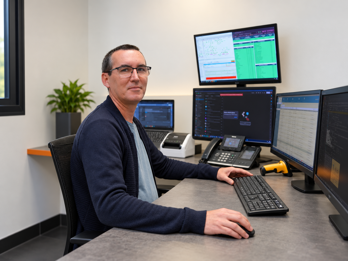 Goulven, technicien MCE Informatique, à son poste avec plusieurs écrans