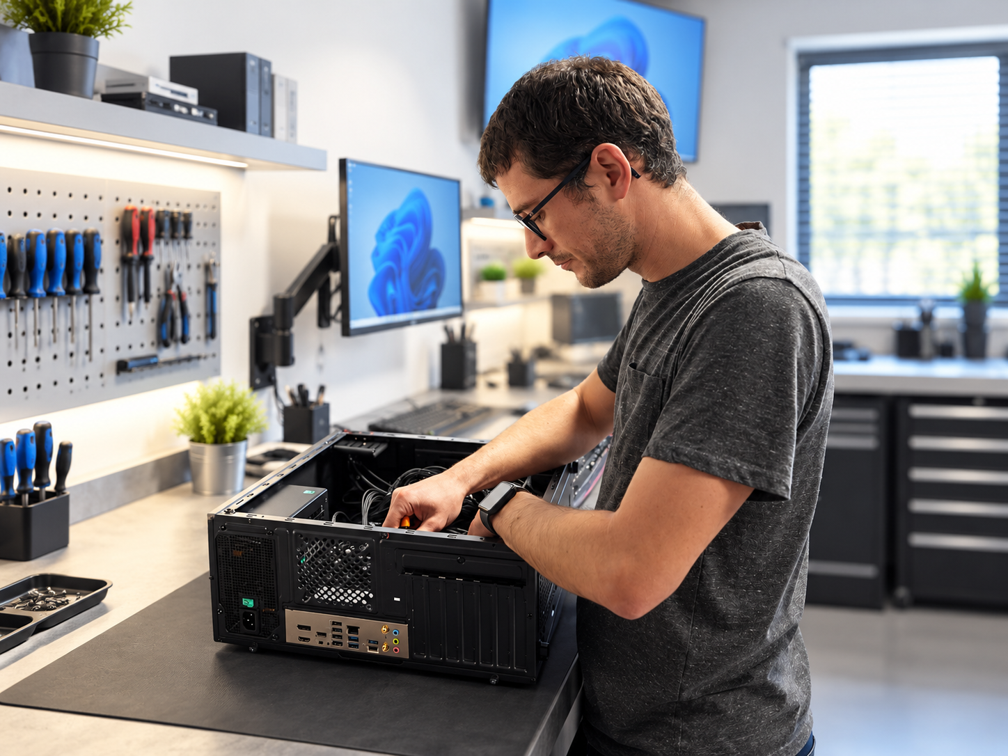 Technicien réparant un ordinateur de bureau en atelier