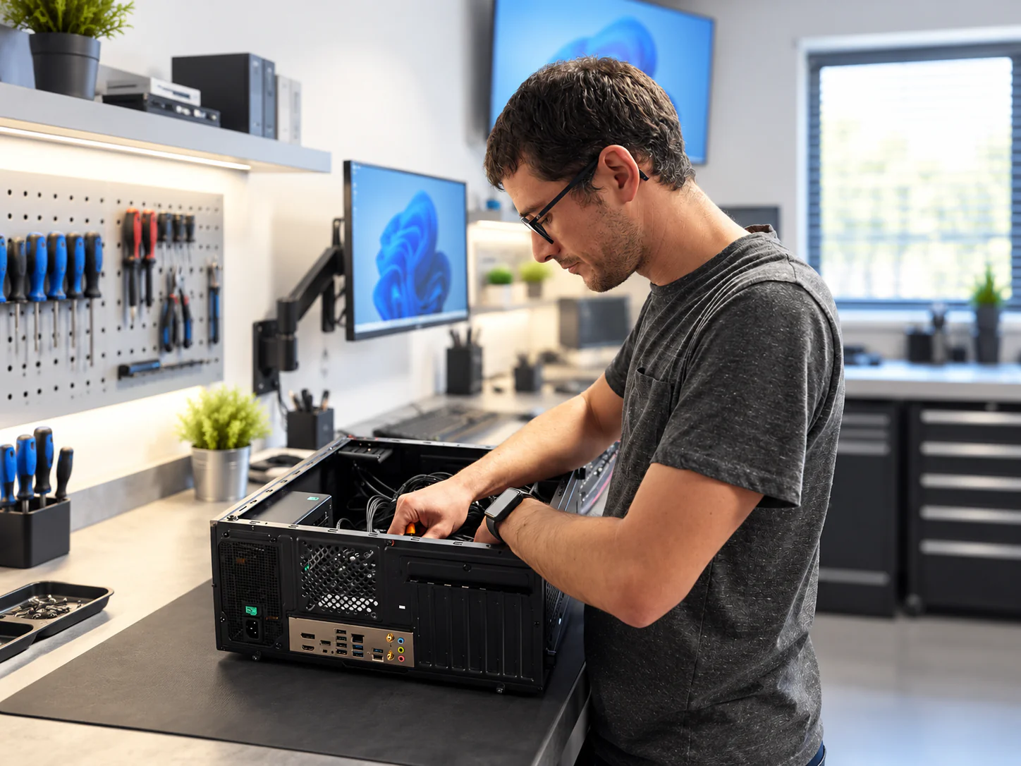 Technicien réparant un ordinateur de bureau en atelier