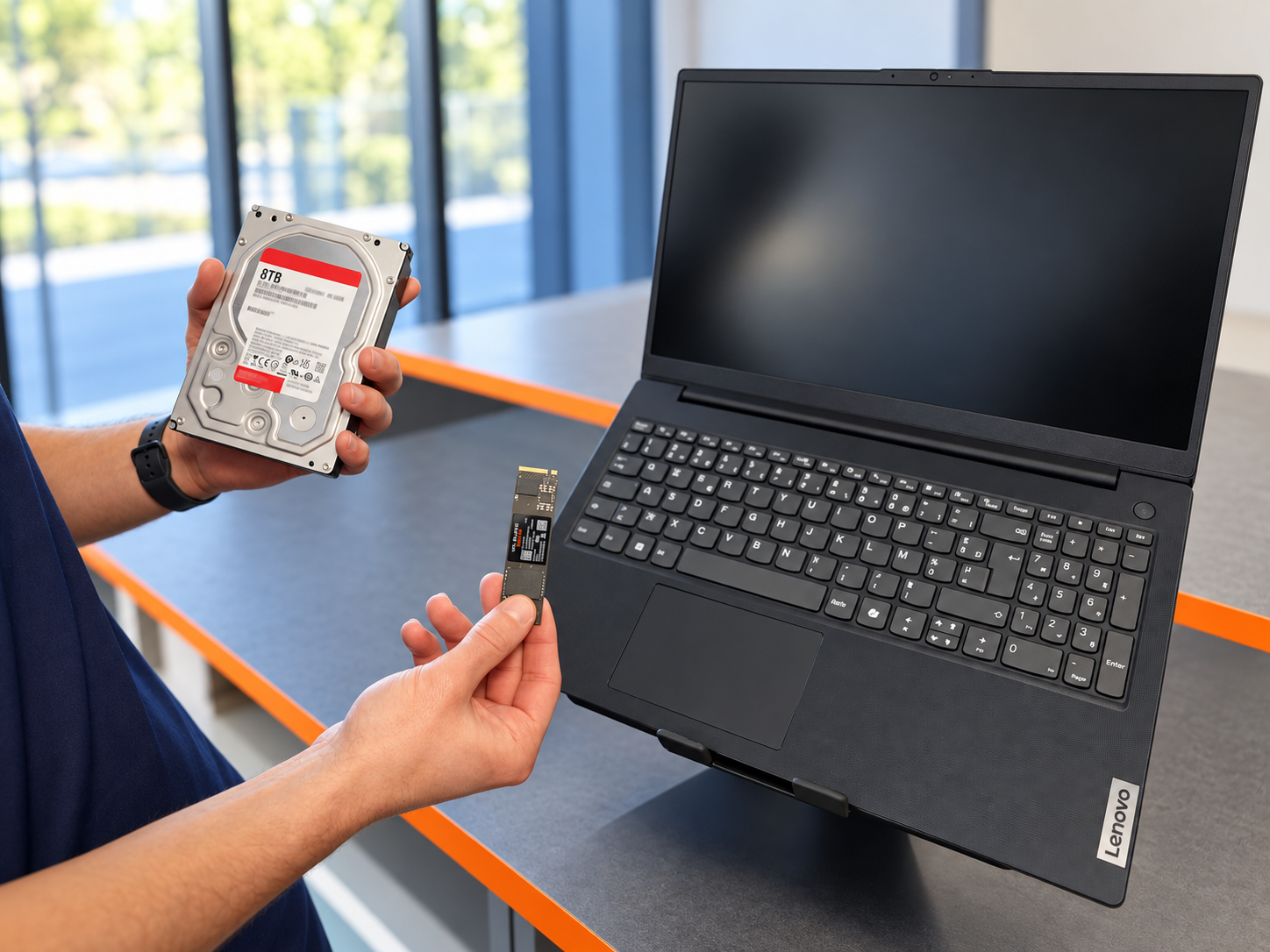 Disque dur et SSD présentés à côté d’un ordinateur portable
