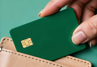 Main rangeant une carte bancaire à puce dans un portefeuille